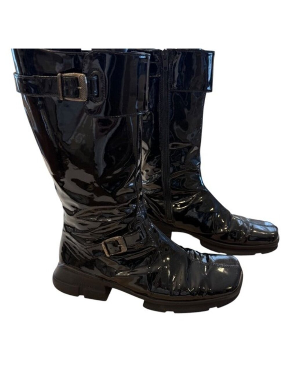 Y2K Vintage Square Toe Patent Leather Mid-Calf Heeled Buckle Boots Prada Style
